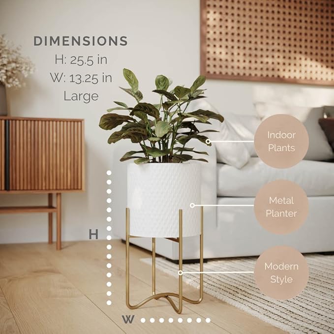 EverNest Claire Mid-Century Modern White Plant Pot with Ambrose Stand, SelectBase, Indoor Plant Pot, Bohemian Style, Minimalist Plant Home Décor (Large, Gold)