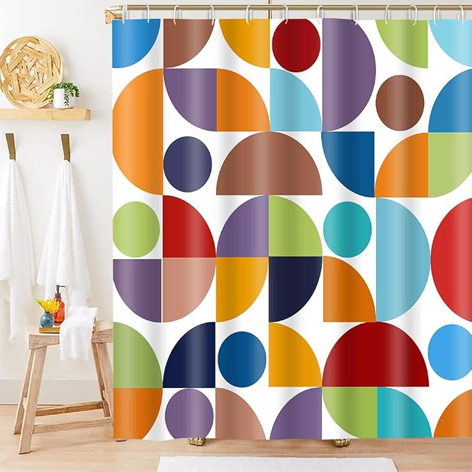 Colorful Modern Geometric Shower Curtain Vintage Mid Century Boho Abstract Art Bathroom Curtain Decor 72x72 Inch Washable Fabric Retro Bright Cute Circle Patterned Bath Curtain with 12 Hooks