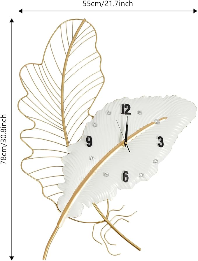 30.8Inch Large Wall Clocks for Living Room, Feather-Shaped Wall Clock Large Decorative Art Clock Silent Battery Operated, Modern Creative Decorative Clock for Living Room, Entrance, Office