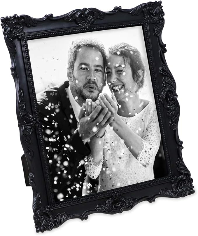Laura Ashley 8x10 Black Ornate Textured Hand-Crafted Resin Picture Frame with Easel & Hook for Tabletop & Wall Display, Decorative Floral Design Home Decor, Photo Gallery, Art, More (8x10, Black)