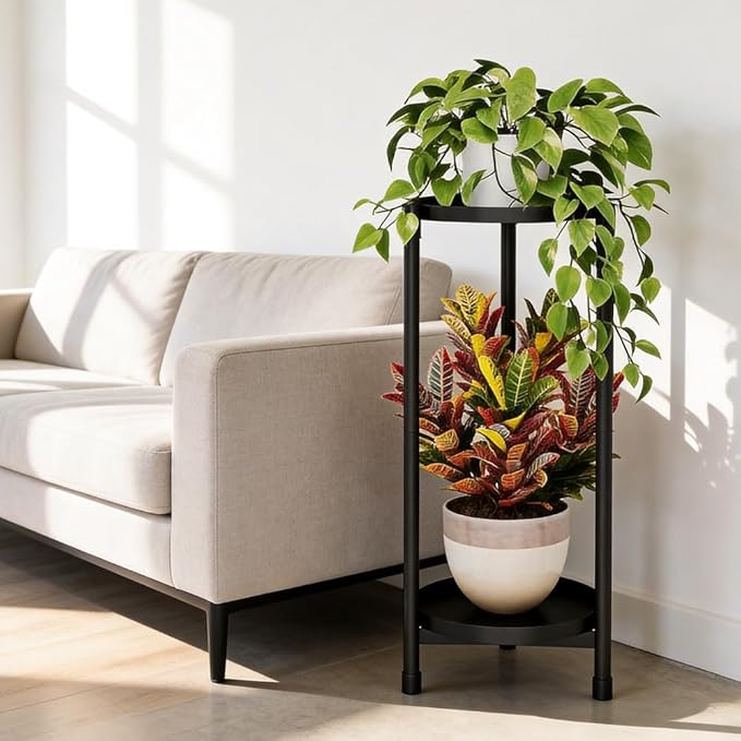 Plant Stand indoor outdoor - 2 Tier black Tall Metal Flower Pot Holder Potted Display Rack - Heavy Duty Corner Plant Shelf for Patio Garden Balcony Living Room Bedroom
