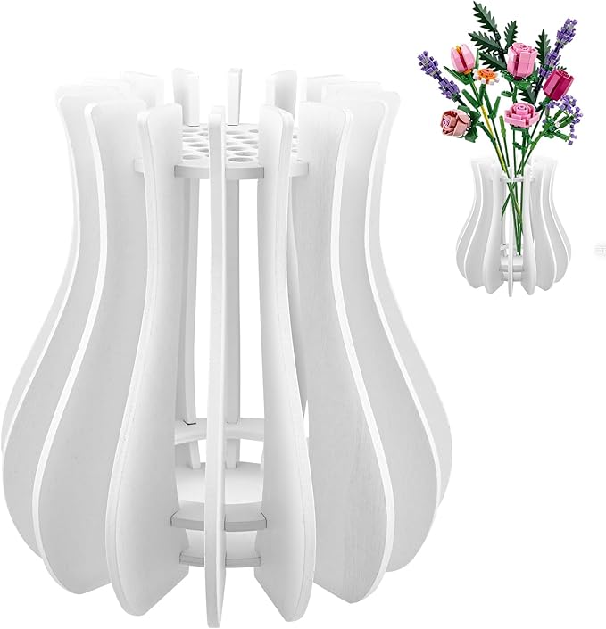 Wooden Vase for Lego Flowers - Wooden Vase for Lego Bouquet, Wood Vases Puzzle Set for LegoRoses Sunflower Tulips, Vases Kit for Artificial Bouquet Arrangement Home and Office Decoration (White)