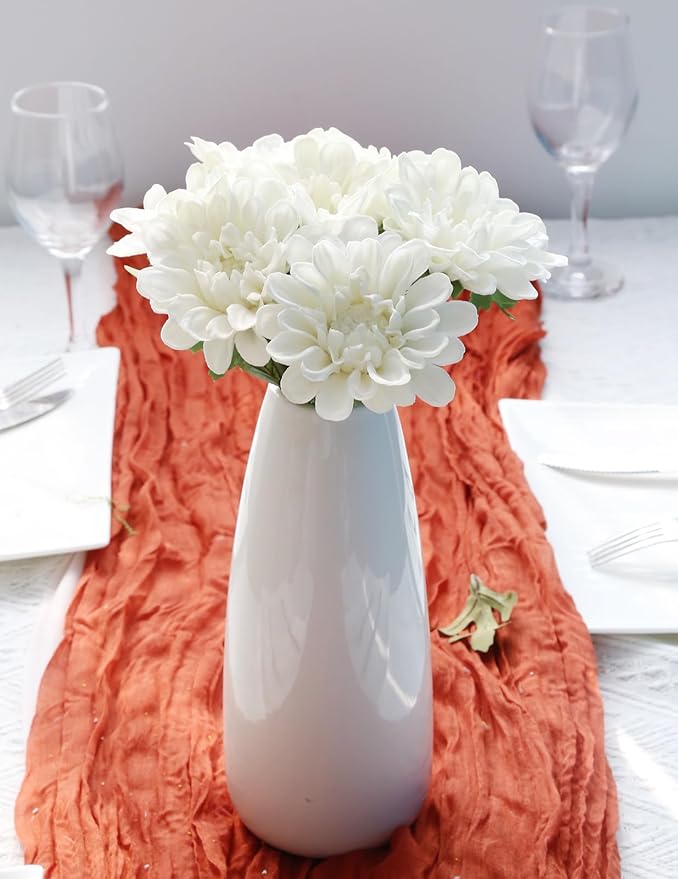 IPOPU 10pcs Artificial Chrysanthemums Flowers 13inch PU Dahlia Flowers White Fake Mums Faux Dahlia Flower with Stems for Home Wedding Office Table Centerpiece Floral Arrangement Decor(White)