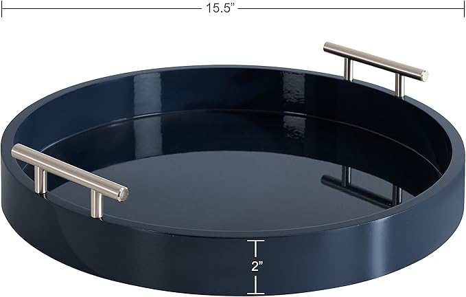 Kate And Laurel Lipton Modern Round Tray; 15.5 Diameter; Navy and Silver; Decorative Accent Tray for Storage and Display