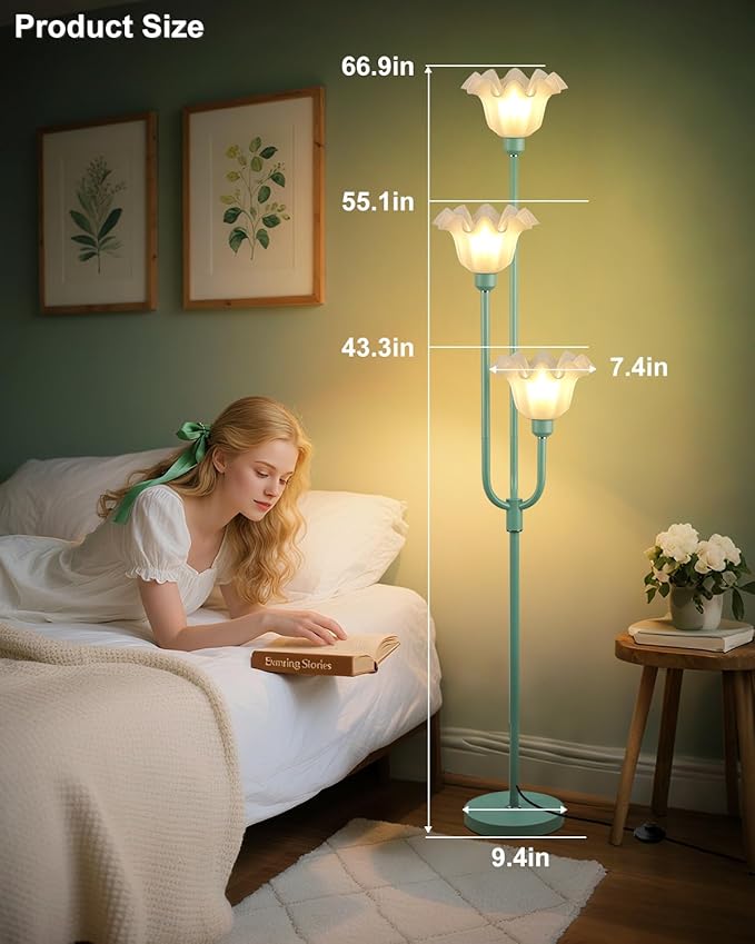 66 Inch Flower Green Floor Lamp for Living Room Bedroom Office, 3-Light Mid Century Standing Lamp with 3000K Warm White LED Bulbs, Vintage Floral Lamp with Heavy Stable Base & Foot Switch