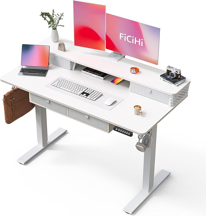 FiCiHi Adjustable Height Standing Desk with 4 Drawers,48 x 24 inches Electric Sit Stand Home Office Desk with Two Tiers, 3 Memory Presets, Monitor Stand Riser, C-Clamp Mount Compatible