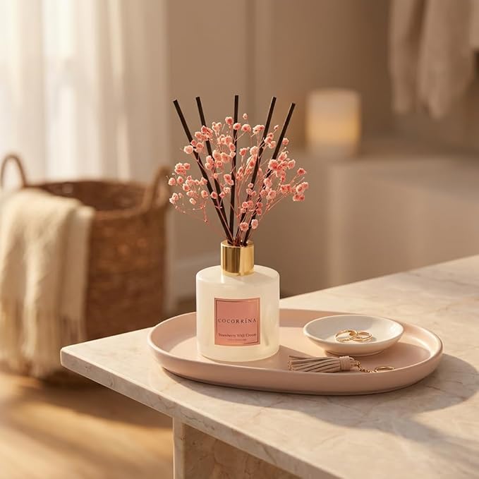 COCORRÍNA Reed Diffuser - Strawberry with Cream 6.7 fl oz Reed Diffuser with Sticks, Home Bedrrom Bathroom Shelf Decor