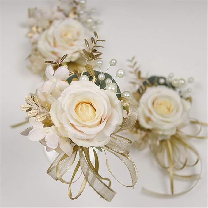 USIX 2pc Pack-Handmade Artificial Flower Rose with Gold Leaves Ribbons Artificial Pearls Wrist Corsage & Men's Lapel Boutonniere Pin Combo Set Package for Wedding Party Prom Homecoming (Corsage Pack)