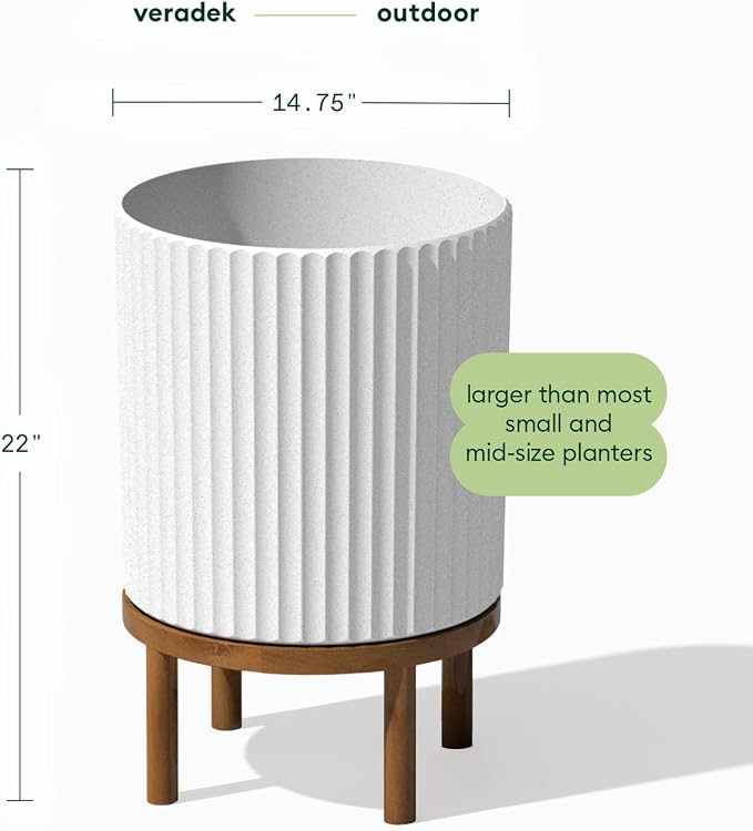 Veradek Demi Series Round Planter w/Stand for Porch/Patio | Durable Plastic-Stone Composite & Wooden Stand | Modern Décor for Tall Plants, Flowers
