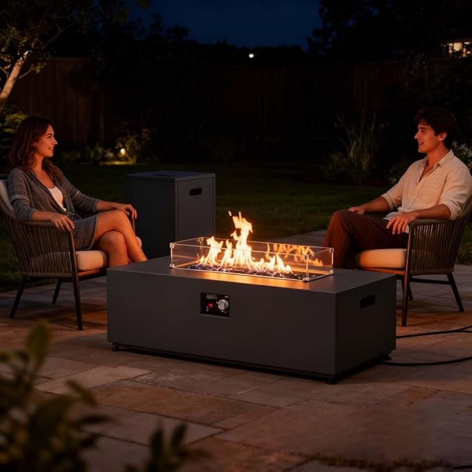 Aeeiua 42" Propane Fire Pit Table Set with Tank Holder, Rectangle 2-Piece Outdoor Firepit Wind Guard, Lid, Glass Stones and Cover