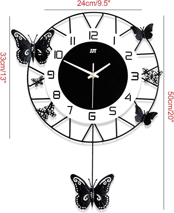 Large Wall Clock 20 Inch, Modern Pendulum Wall Clock Butterfly Art Decor Silent Non-Ticking, Home Décor for Living Room, Kitchen, Dining Room, Bedroom
