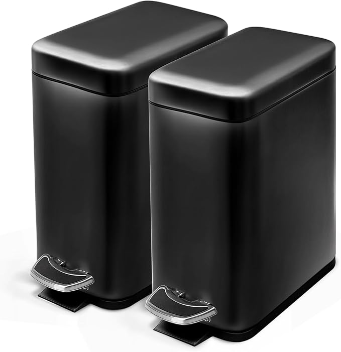 Home Zone Living 2-Pack 1.3 Gallon Small Black Bathroom Trash Can with Lid and Step Pedal, Stainless Steel Wastebasket with Slim Design for Home and Office, 5 Liters