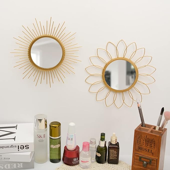 Gold Mirrors for Wall - Metal Sunburst Wall Mirror Room Decor & Home Decor, Boho Mirror Wall Decor Gifts for Women & Moms (Small, Flower)