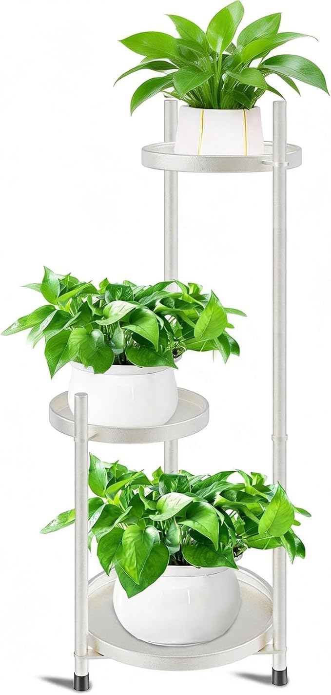 Plant Stand Indoor Tall, Black Corner Tiered Round Plant Stand for Indoor Multiple Plants, Metal Flower Pot Stands Outdoor Holders Plant Shelf Display Rack for Balcony Living Room (3 Tier-Cream white)