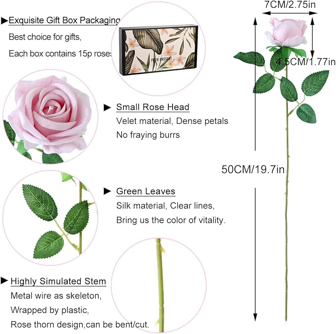 15Pcs Pearl Pink Roses Artificial Flowers Fake Roses Long Stem Velet Rose Silk Flowers for Home Wedding Decoration (Pearl Roses,Pink)