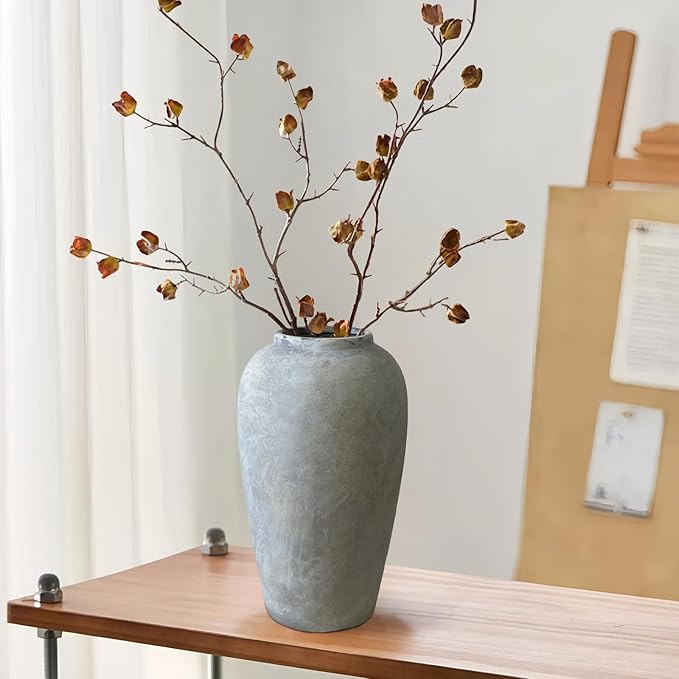 12 Inch Ceramic Rustic Vase, White Grey Farmhouse Flower Vases for Centerpieces & Home Decor, Handmade Pottery Vase for Living Room, Bedroom & Wedding Decor, Vintage Ceramic Vases for Gifts