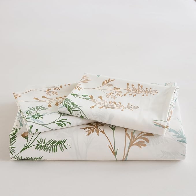 100% Cotton Duvet Cover Queen Size Ultra Soft Green Floral Comforter Cover with Luxurious Tan & Green Leaves on White, Reversible Lightweight Floral Duvet Cover Sets