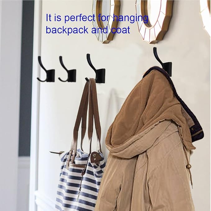 Black Towel Hooks,Double Towel Robe Clothes Coat Holder,Heavy Duty Wall Mount Hooks for Bath Bedroom Kitchen Pool Garage Hotel,4 Pack