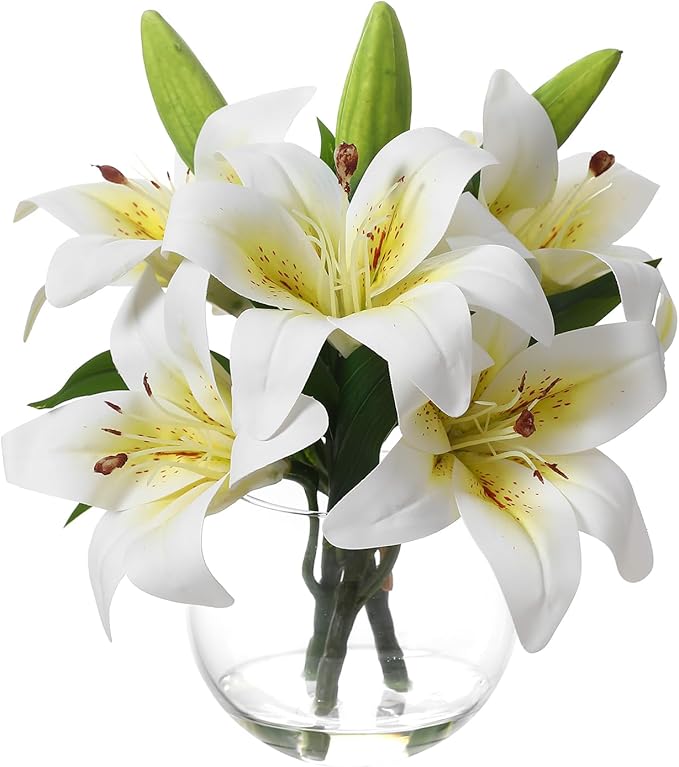 Artificial Flowers Tiger Lily Arrangement in Glass Vase Real Touch Silk Flowers White Lilies with Faux Water for Office Home Table Wedding Decor