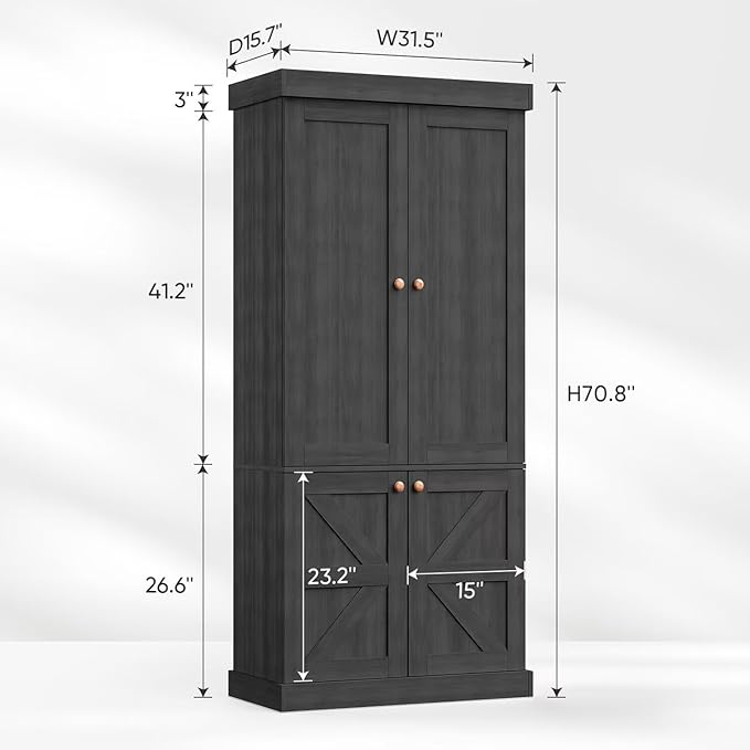 Vyre 70.8" Tall Bookshelf with Doors, Farmhouse Modular Bookcase with 4-Tier Adjustable Shelves, Large Storage Cabinet for Home Office, Living Room, Black, Set of 3