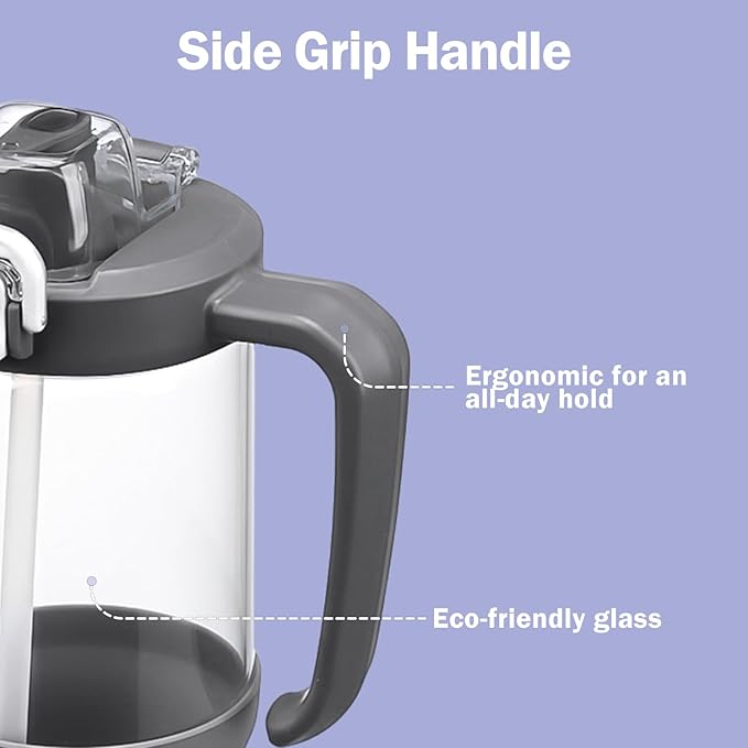32oz Glass Water Bottle, 2-in-1 Straw and Sip Spout Lid, Leakproof Wide Mouth Tumbler with Handle, BPA-Free Reusable Bottle for Sports, Office, Outdoor, Grey