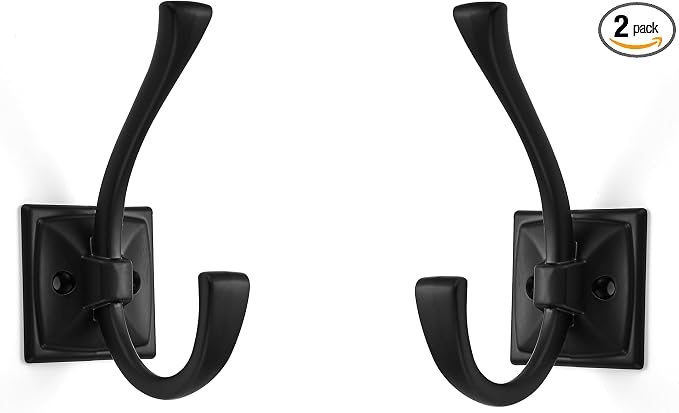 2-Pack Matte Black Coat Hooks - Wall Mounted Double Robe Hooks for Coats, Towels, Bags, Cups, Hats