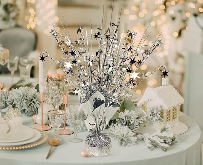 12 Pack Metallic Foil Spray Centerpiece Star Table Decoration Burst Table Centerpieces for New Years Nye Birthday Wedding Anniversary Graduation Holiday Party Supplies Decor, Silver