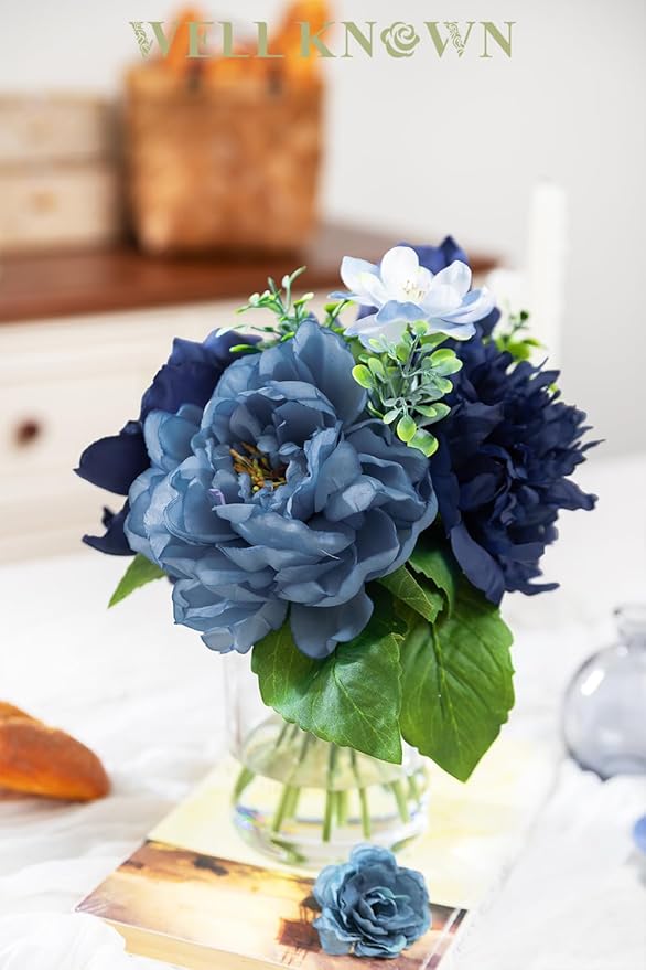 WELL KNOWN Artificial Flowers in Glass Vase with Fake Water, Silk Peony Flower Bouquet for Home Dinning Tea Table, Office Desktop, Hotel, Wedding, Party, Lavatory Decor & Gift (Navy Blue & Light Blue)