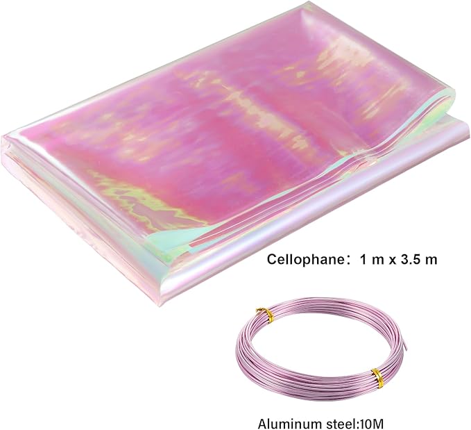 Marspark 39 x 138 Inch Iridescent Cellophane Wrap for Gift Baskets and 32.8 Feet Bendable Pink Aluminum Wire, Pink Iridescent Film Paper Holographic 11.5 Feet Wrapping Paper for DIY Crafts Treats