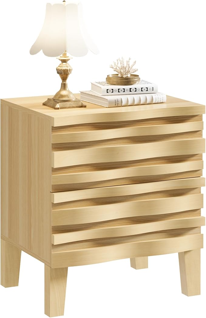 UEV Solid Wood Nightstand, 19.7" W Boho Style Nightstand with 2 Drawers, Fluted Wood Night Stand, Mid Century Modern Bed Side Table for Bedroom,Living Room, Ivory White