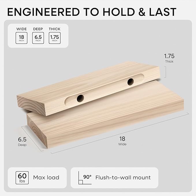 Homeforia 18 inch Wood Floating Shelves, High End Solid Natural Wood 18inch Floating Shelf for Wall Mounted, Unfinished Wooden 18in Floating Shelves, Heavy Duty Bracket, 18 X 6.5 X 1.75 inch, Set of 3
