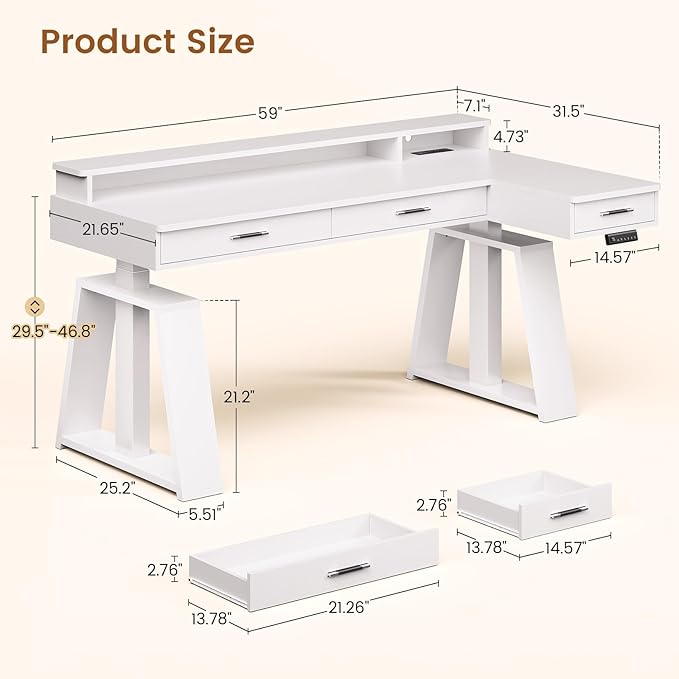 SEDETA 59 Inch L Shaped Electric Standing Desk with Drawers, Executive Adjustable Desk with Power Outlets, Monitor Stand, Sit Stand Computer Table for Home Office, White
