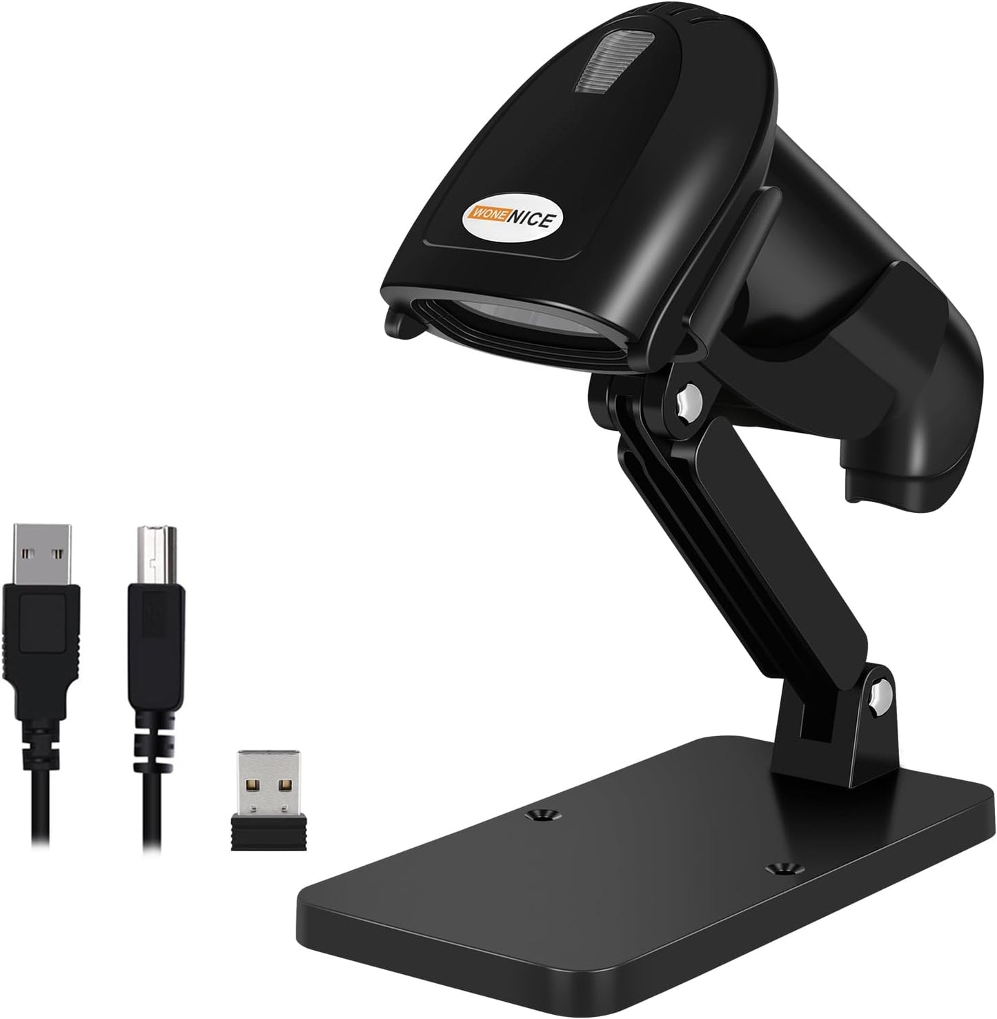 WoneNice Wireless Barcode Scanner - 1D & 2D QR Code Reader with Stand | USB Receiver, Black