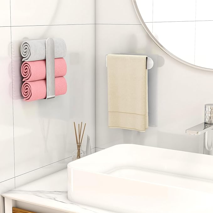 Adhesive Hand Towel Holder, 8 Inch Towel Holder for Bathroom Wall Mounted, Self Adhesive Square Stick on Towel Bar Wall for Kitchen Cabinet RV, Brushed Nickel (2 Pack)