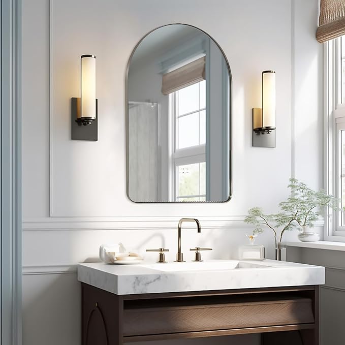 ANDY STAR Arched Mirror, 20 x 28 Inch Brushed Nickel Wall Mirror in Stainless Steel Metal Frame, Arch Top Rounded Corner 1 Inch Deep Set Design Wall Mount Hangs Vertical