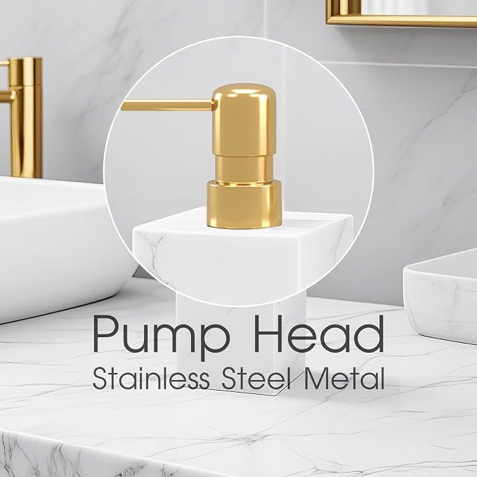 Real Natural Marble Soap Dispenser with Stainless Steel Pump Decorative Liquid Hand Soap Bottle for Kitchen Bathroom, Compatible with Lotion, Dish Soap Shower Gel (White 1 Set)