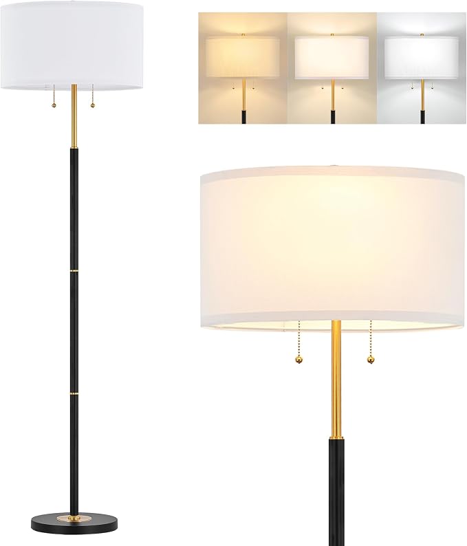 ELYONA 2-Light Floor Lamp Modern Reading Standing Light White Fabric Shade Vintage Tall Pole Corner Lamp for Bedroom Living Room Office 3 Color Temperatures LED Bulbs Include, Black & Brushed Gold