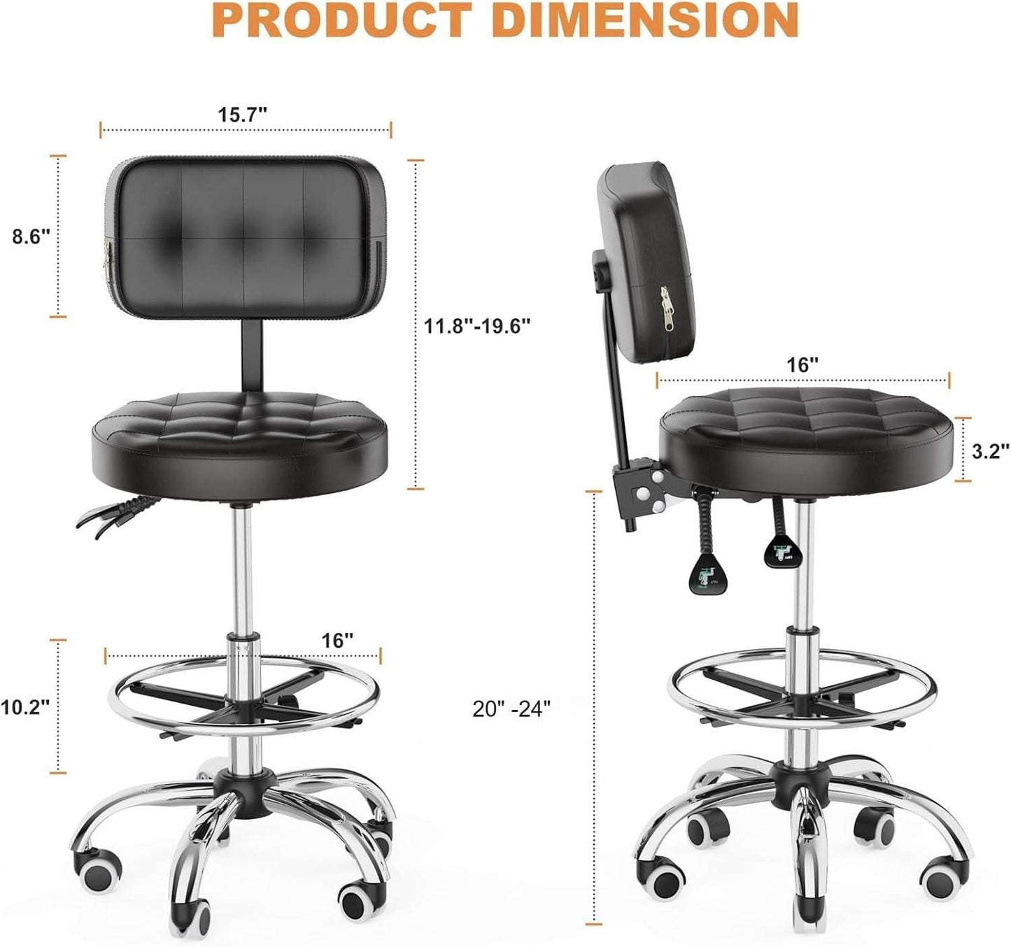 YJHome Rolling Stool - Adjustable Height Swivel Chair with Wheels | Heavy Duty 400lbs Capacity (Black)