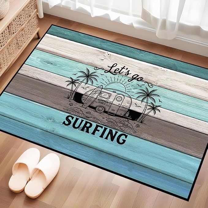 Surfing Area Rug Beach Van Palm Tree Carpet Retro Wood Grain Striped Rugs Non Slip Washable Floor Mat for Entryway Bedroom Living Room Nursery Playroom Home Decor,2'x3'