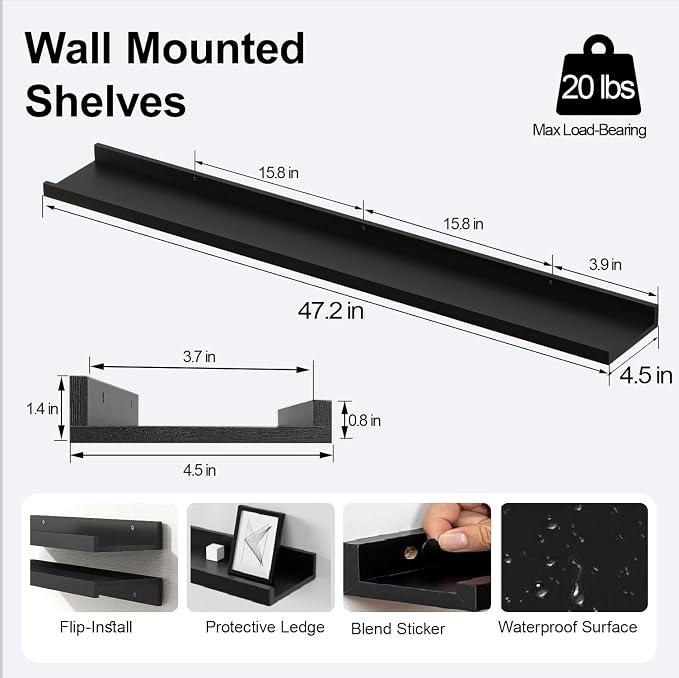 Long Floating Shelves for Wall Decor, Long Wall Mounted Storage Shelf for Bedroom, Living Room, Bathroom, Kitchen, Nursery, Display Picture Ledge Shelf with Lip Set of 2-48 Inches, Black