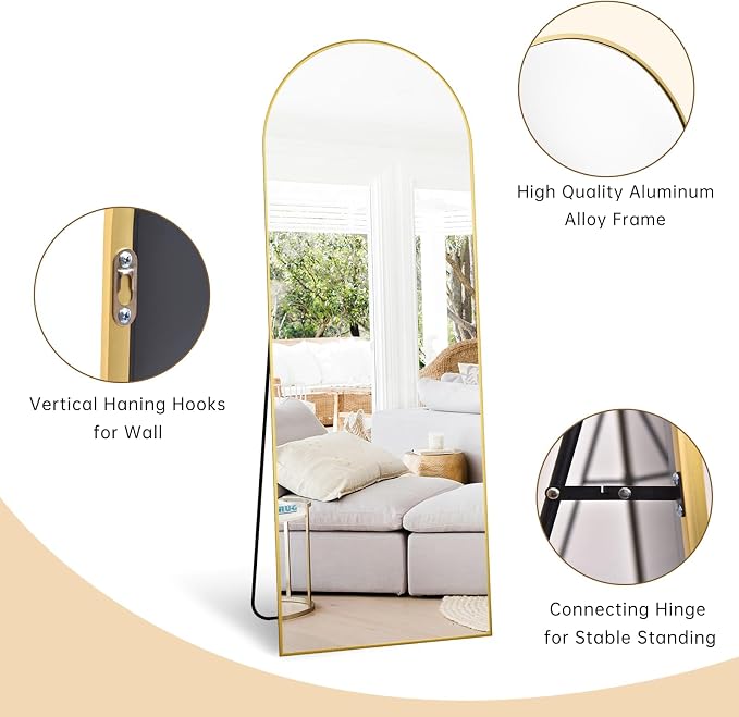 Dewfig Arched Gold Full Length Mirror, 58"X18" Large Floor Mirrors with Stand for Leaning or Hanging, Full Body Mirrors for Living Room,Bedroom, Dressing Room, Aluminum Alloy Frame, Gold