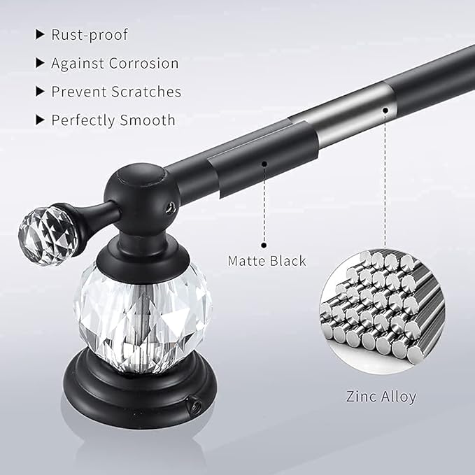 WINCASE Crystal Towel Bar, Black Adjustable Towel Rack, Single Hand Towel Holder Bathroom Shower Towel Rail Rod Modern Luxury Wall Mount Matte Black