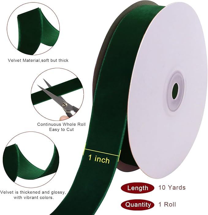 10 Yards Green Velvet Ribbon 1 Inch for Christmas Tree,Velvet Christmas Ribbon for Gift Wrapping Crafts Bow Wreath Holiday Decorations (Dark Green)