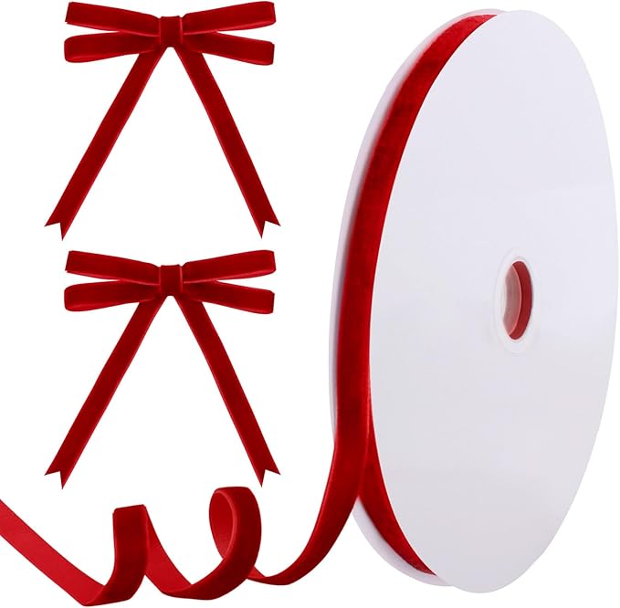 25 Yards Red Velvet Ribbon for Christmas Tree,3/8 Inch Velvet Christmas Ribbon for Gift Wrapping Crafts Bow Wreath Holiday Decorations (Red)
