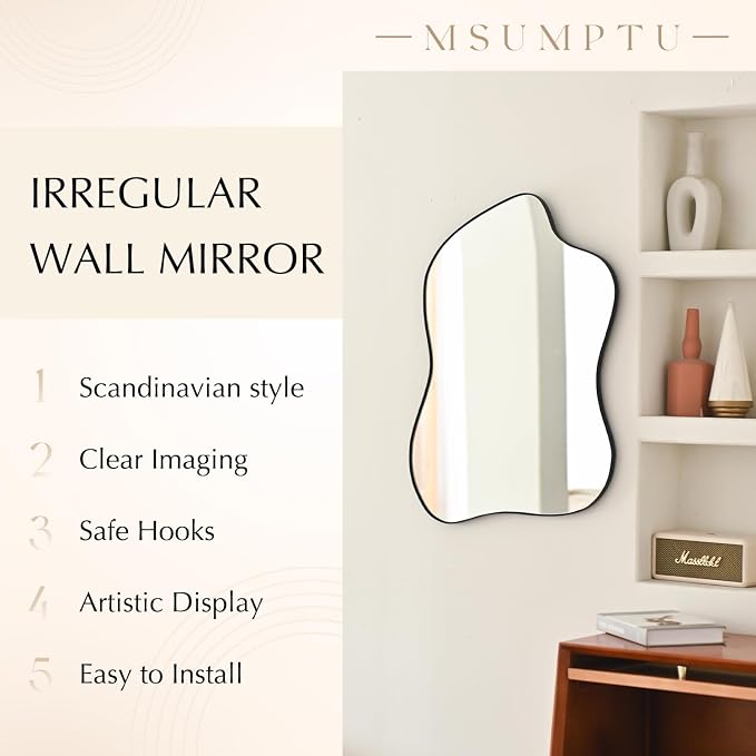 Irregular Wall Mirror Black Wave Shaped Metal Framed Wall Mirror for Bathroom Bedroom Entryway Living Room Wall Decor 28" L x 20" W 2304B