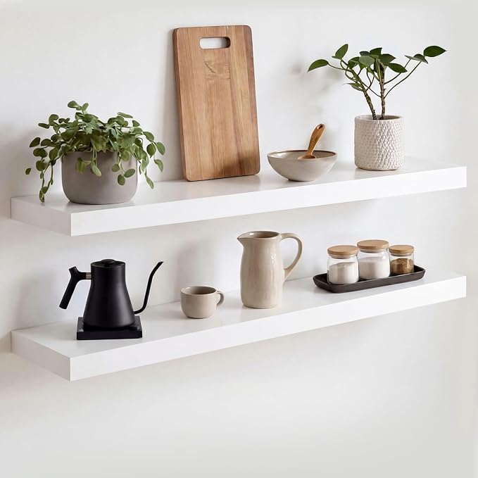 Homeforia White Floating Shelves 30 inch, High End Solid Real Wood 30inch Floating Shelf for Wall Mounted, White Wooden 30in Long Floating Shelves, Heavy Duty Bracket, 30 X 6.5 X 1.75 inches, Set of 4