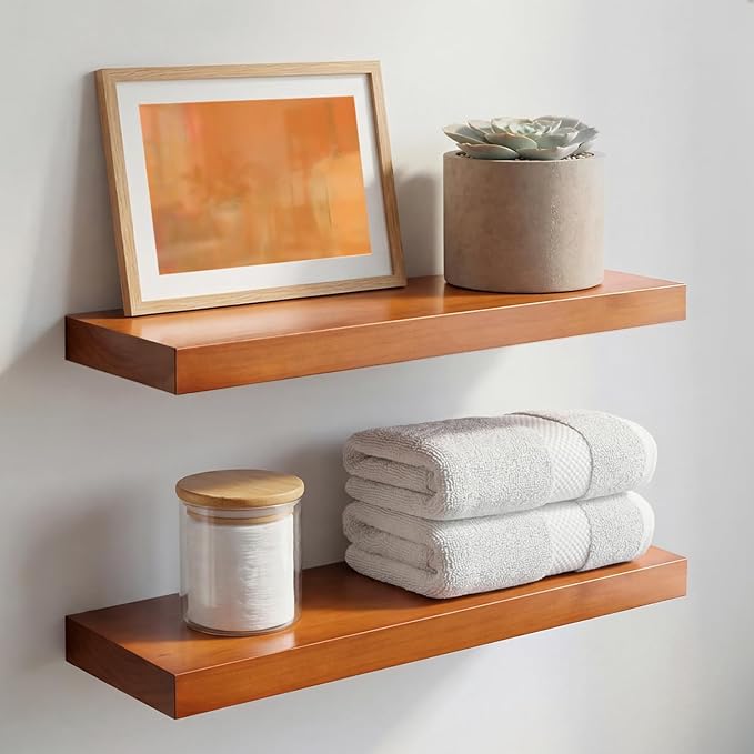 Homeforia 18 inch Floating Shelf Oak, High End Solid Real Wood 18inch Long Floating Shelves for Wall Mounted, Honey Oak Wooden 18in Floating Shelves, Heavy Duty Bracket, 18 X 6.5 X 1.75 inch, Set of 2