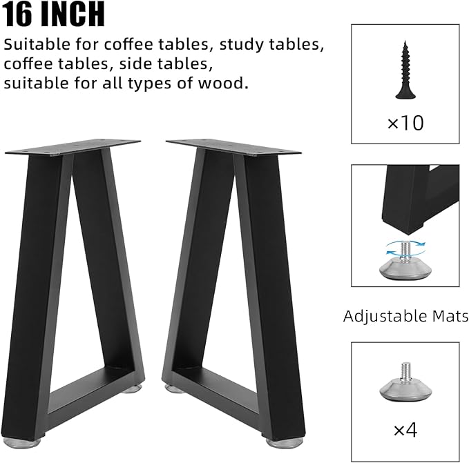 16 Inch Trapezoid Metal Table Legs for Bench, Coffee Table Legs, DIY Furniture Feets Set of 2, Including Screws and Adjustable Feet Pads, 16 Inch x 10.8 Inch