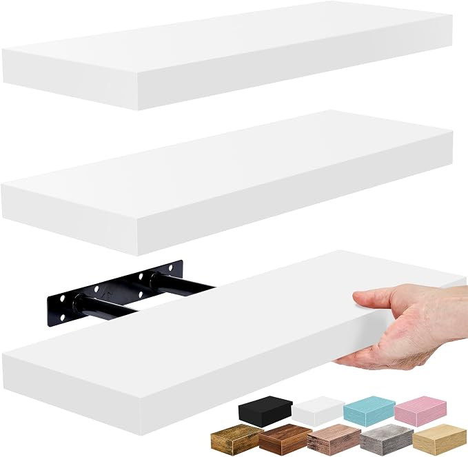 Sorbus Floating Shelves for Wall – 16 Inch Floating Shelf for Kitchen, Bedroom, Living Room, Bathroom, Home & Wall Decor - Mounted Bathroom Shelves with Invisible Brackets (White, 3 Pack)