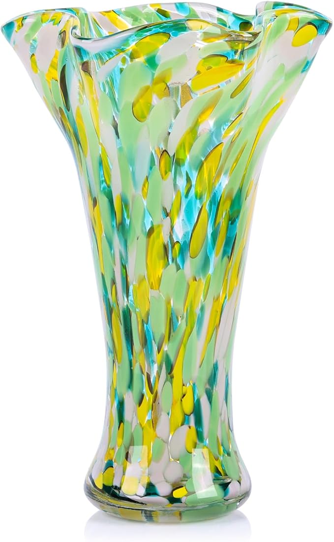 9.0"H Green Glass Vases for Flowers, Unique Hand Blown Glass Vase Green Gold Home Decor, Wide Mouth Colorful Flower Vase Centerpieces, For Living Room Table Bookshelf, Bathroom Office Shelf Decorative